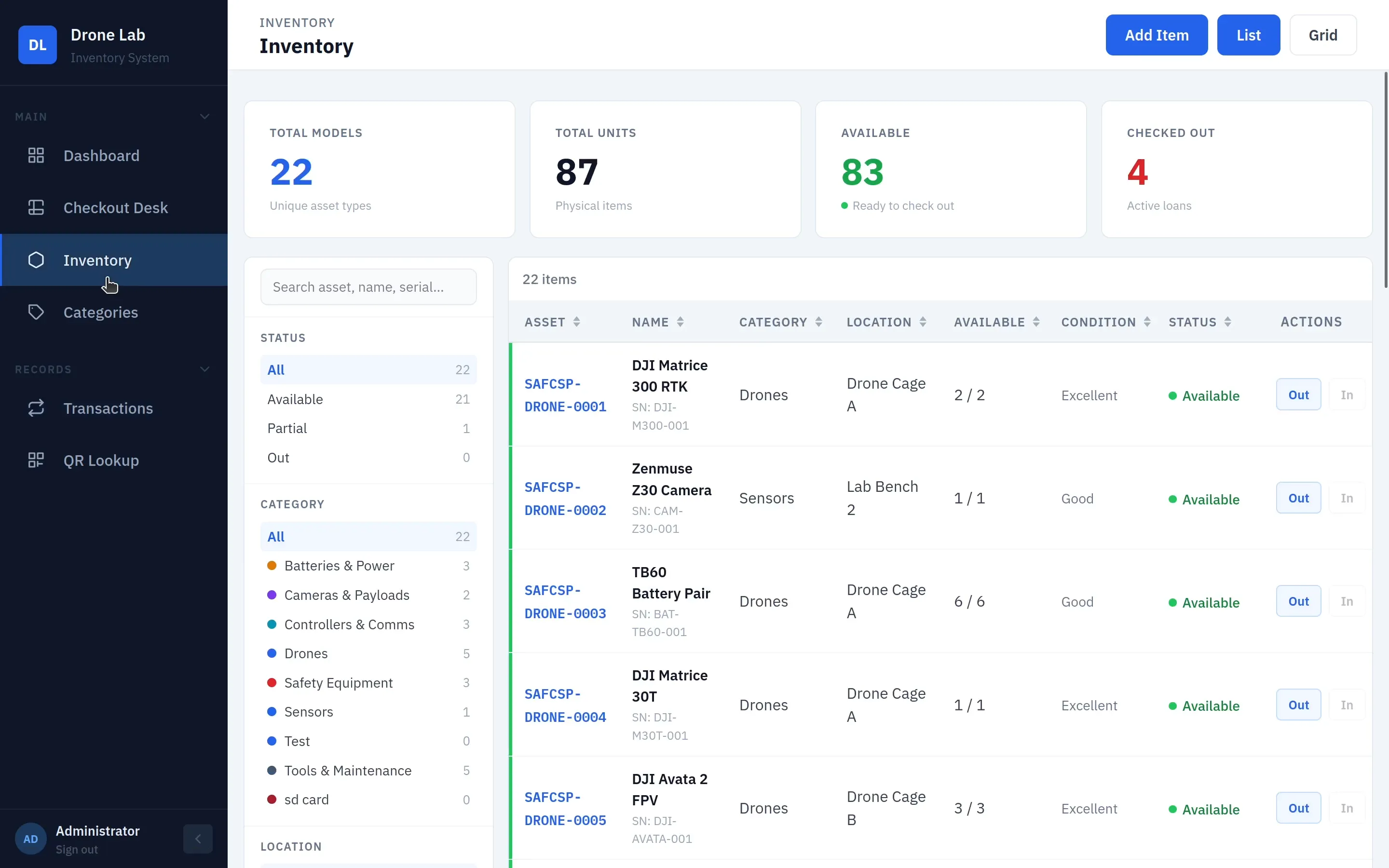 The Drone Lab Inventory system showing the full asset list — codes, categories, locations, and availability